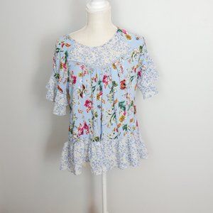 Umgee Blue w/ Floral Short Sleeve Boutique Top w/ Ruffle Sleeve and Bottom Small